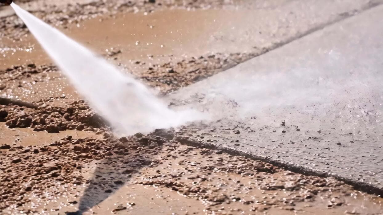 Split-frame pressure wash on a Glen Burnie storefront: stained concrete on the left, the hot rinse hitting the dividing seam, clean concrete on the right.